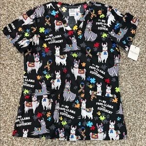 Cherokee Scrub Top XS Llama Autism Puzzle Piece Print "No Prob-llama" NWT